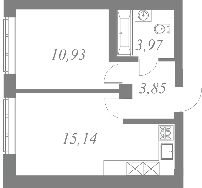 План квартиры №107 с 1 спальней на 3 этаже 1 корпуса ЖК Neva Residence
