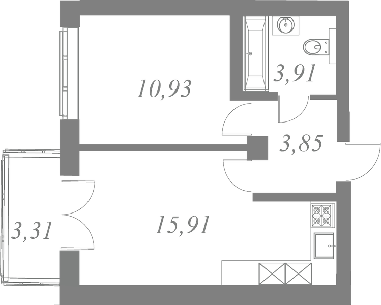 План квартиры №125 с 1 спальней на 5 этаже 1 корпуса ЖК Neva Residence