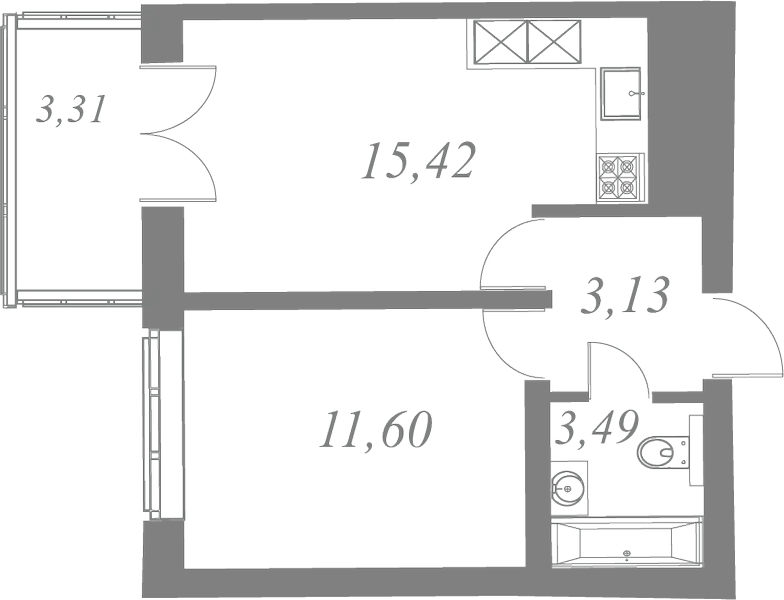 План квартиры №126 с 1 спальней на 5 этаже 1 корпуса ЖК Neva Residence