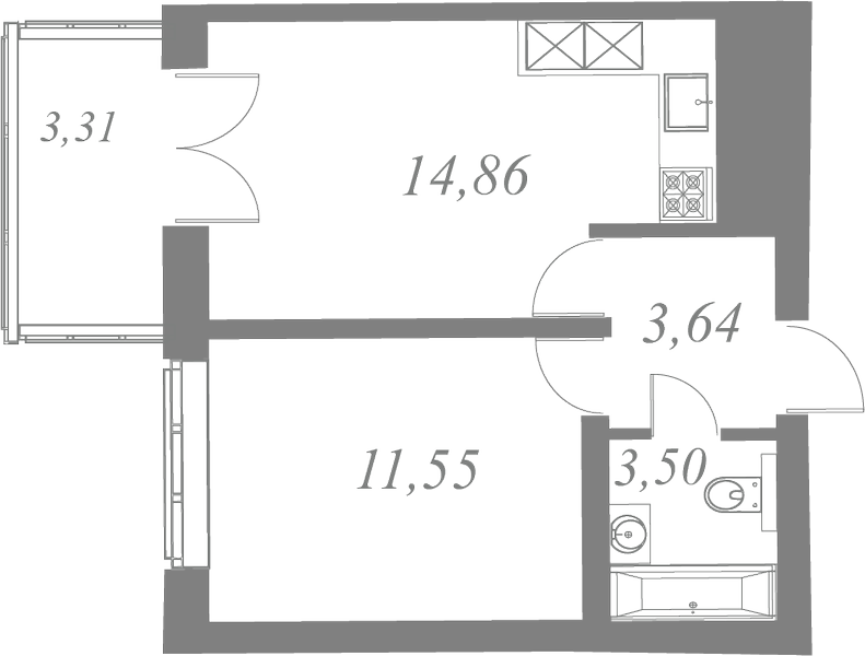 План квартиры №135 с 1 спальней на 7 этаже 1 корпуса ЖК Neva Residence