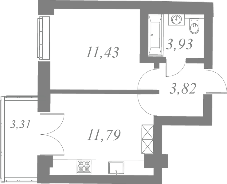 План квартиры №136 с 1 спальней на 7 этаже 1 корпуса ЖК Neva Residence
