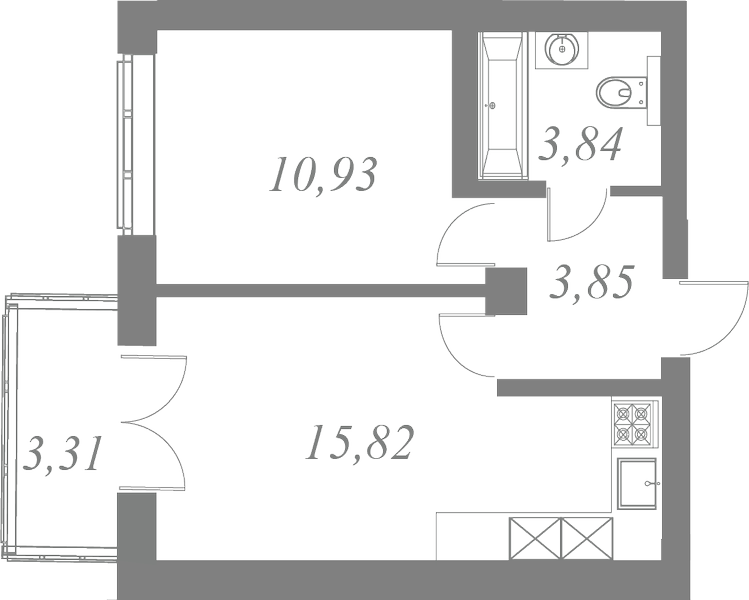 План квартиры №141 с 1 спальней на 7 этаже 1 корпуса ЖК Neva Residence