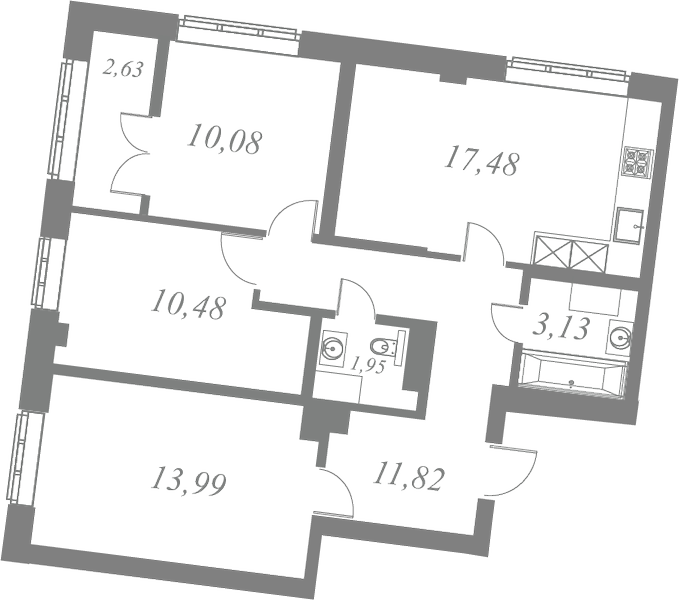 План квартиры №33 с 3 спальнями на 7 этаже 1 корпуса ЖК Neva Residence