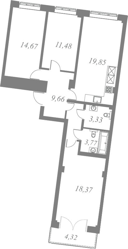 План квартиры №37 с 3 спальнями на 7 этаже 1 корпуса ЖК Neva Residence