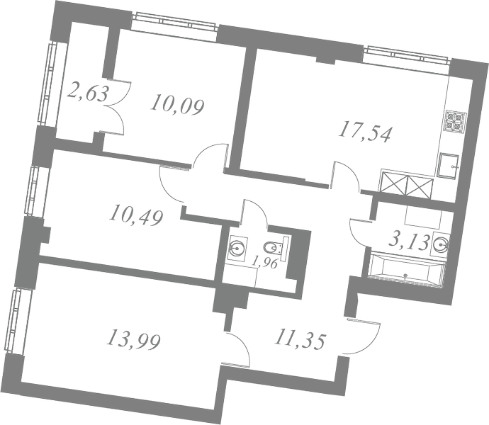 План квартиры №38 с 3 спальнями на 8 этаже 1 корпуса ЖК Neva Residence