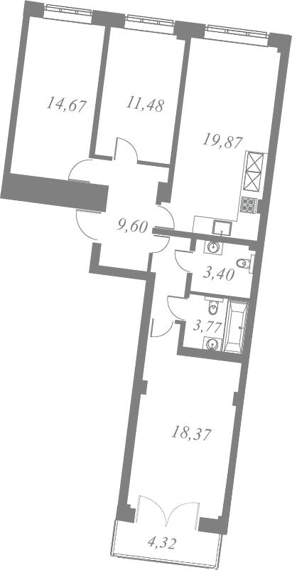 План квартиры №42 с 3 спальнями на 8 этаже 1 корпуса ЖК Neva Residence