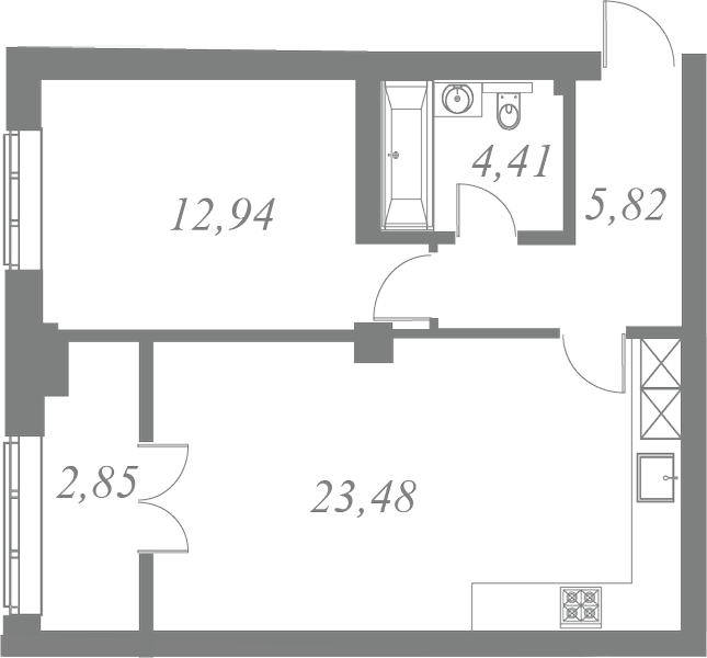 План квартиры №56 с 1 спальней на 5 этаже 1 корпуса ЖК Neva Residence