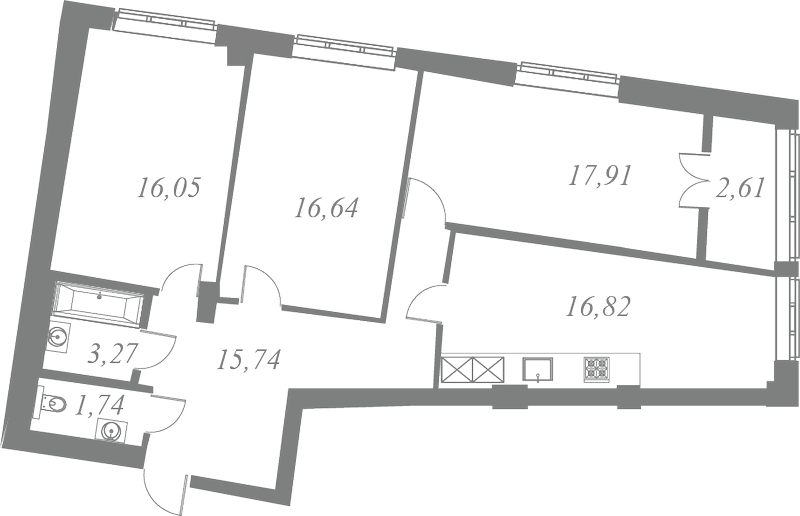 План квартиры №66 с 3 спальнями на 6 этаже 1 корпуса ЖК Neva Residence