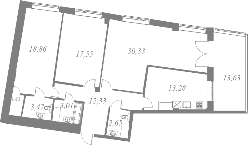 План квартиры №69 с 3 спальнями на 7 этаже 1 корпуса ЖК Neva Residence