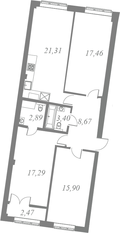 План квартиры №70 с 3 спальнями на 7 этаже 1 корпуса ЖК Neva Residence
