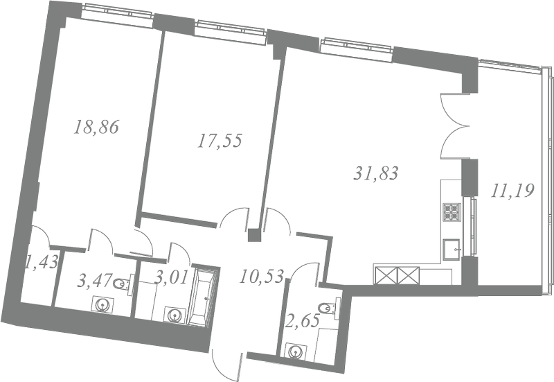 План квартиры №72 с 3 спальнями на 8 этаже 1 корпуса ЖК Neva Residence