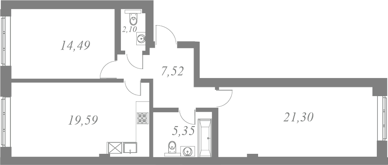 План квартиры №74 с 2 спальнями на 3 этаже 1 корпуса ЖК Neva Residence
