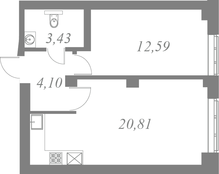 План квартиры №76 с 1 спальней на 3 этаже 1 корпуса ЖК Neva Residence
