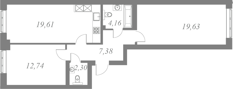 План квартиры №77 с 2 спальнями на 3 этаже 1 корпуса ЖК Neva Residence