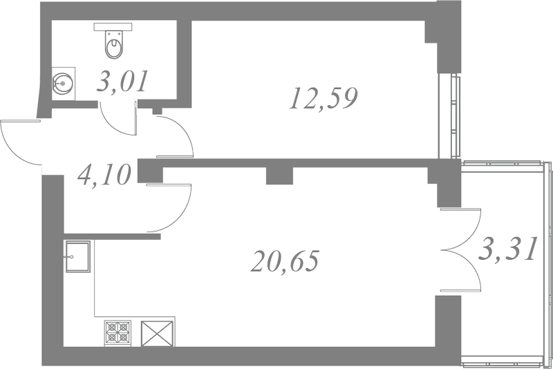 План квартиры №80 с 1 спальней на 4 этаже 1 корпуса ЖК Neva Residence