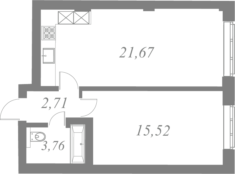 План квартиры №98 с 1 спальней на 2 этаже 1 корпуса ЖК Neva Residence