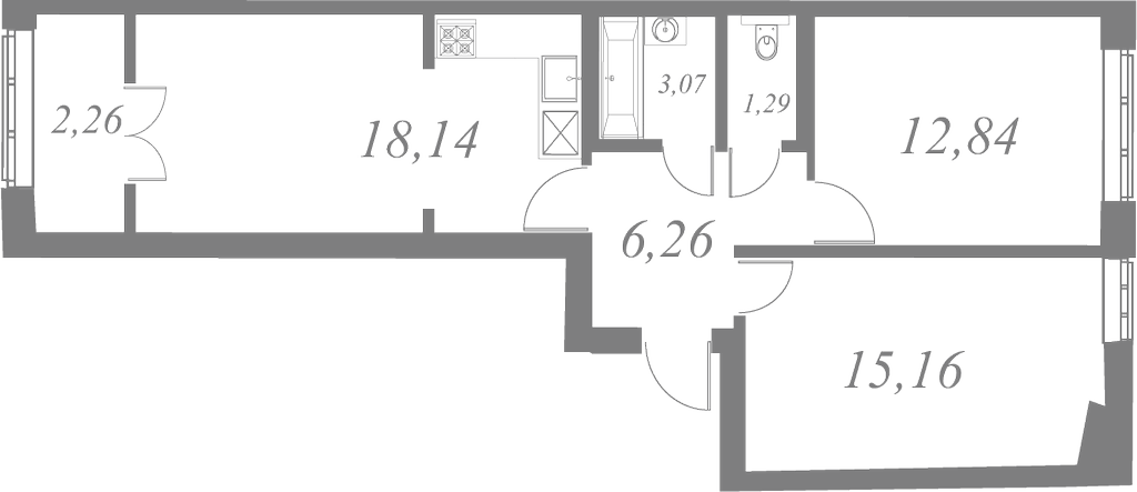 План квартиры №113 с 2 спальнями на 6 этаже 2 корпуса ЖК Neva Residence