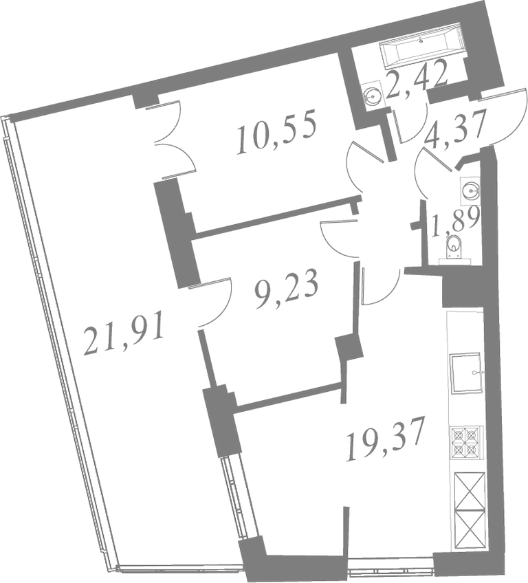 План квартиры №122 с 2 спальнями на 7 этаже 2 корпуса ЖК Neva Residence