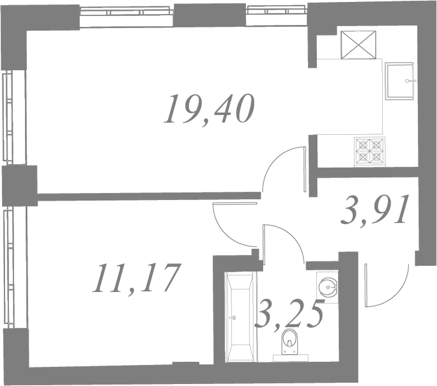 План квартиры №140 с 1 спальней на 3 этаже 2 корпуса ЖК Neva Residence