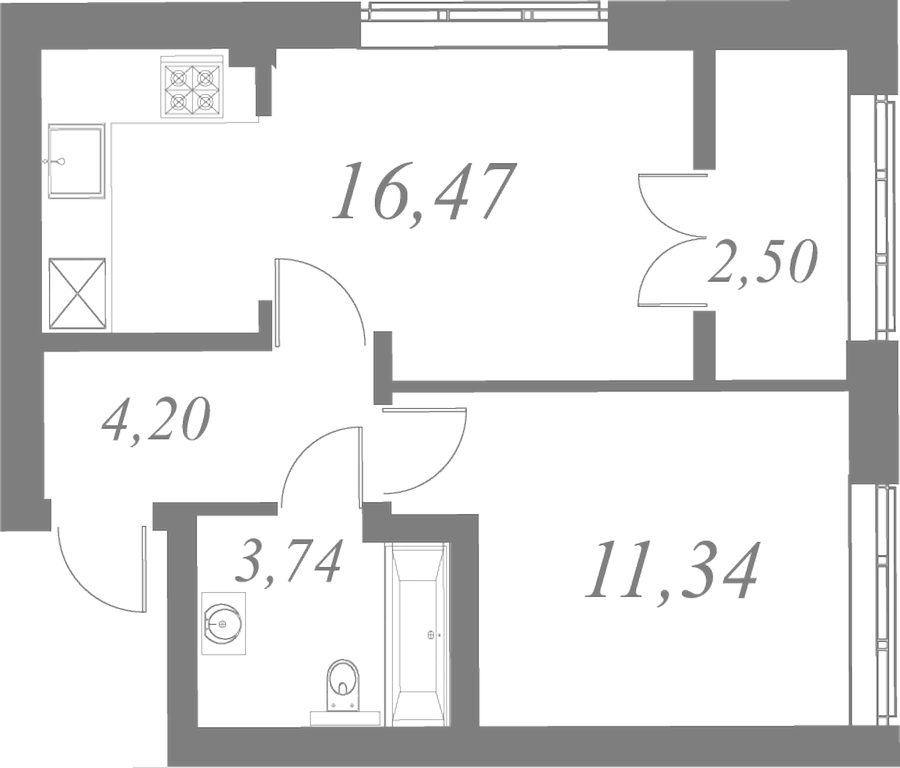 План квартиры №155 с 1 спальней на 5 этаже 2 корпуса ЖК Neva Residence