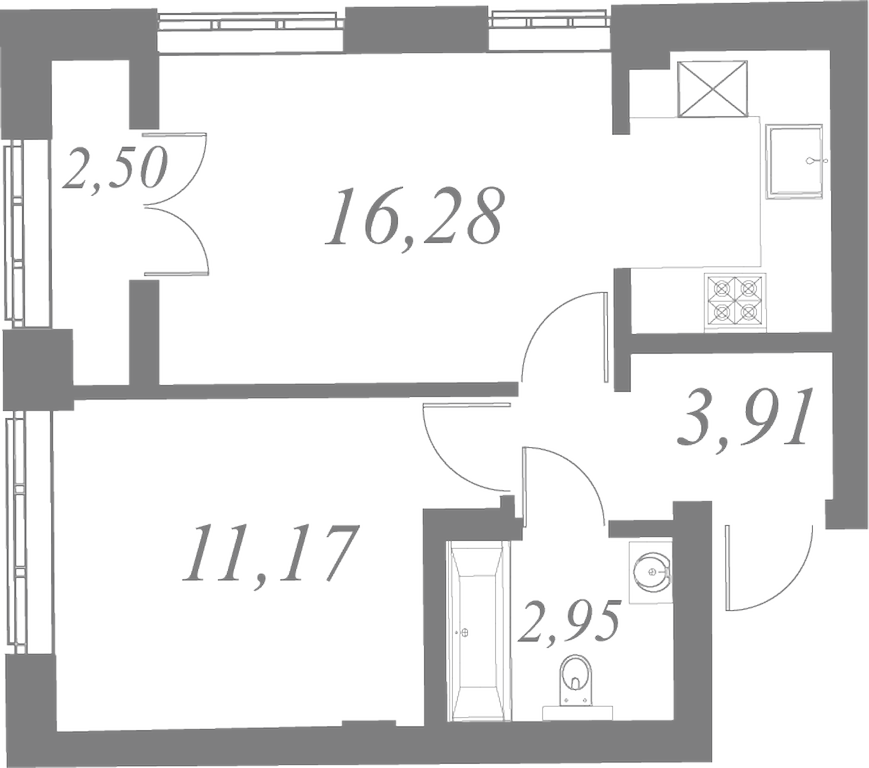 План квартиры №156 с 1 спальней на 5 этаже 2 корпуса ЖК Neva Residence