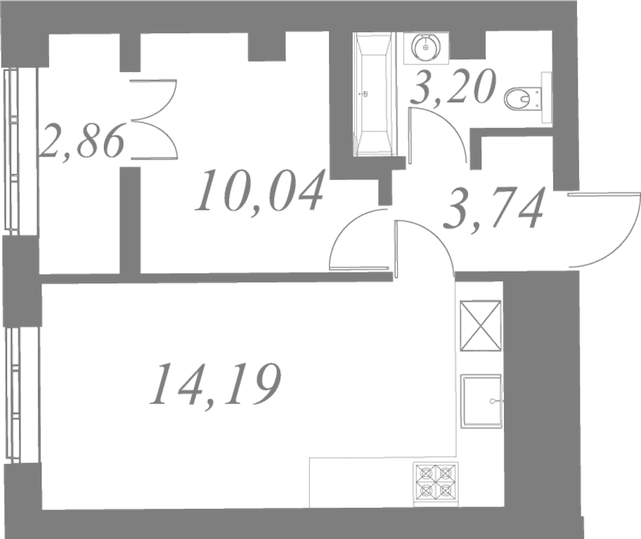 План квартиры №158 с 1 спальней на 5 этаже 2 корпуса ЖК Neva Residence