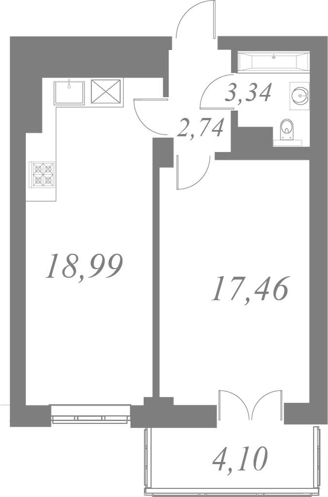 План квартиры №42 с 1 спальней на 8 этаже 2 корпуса ЖК Neva Residence