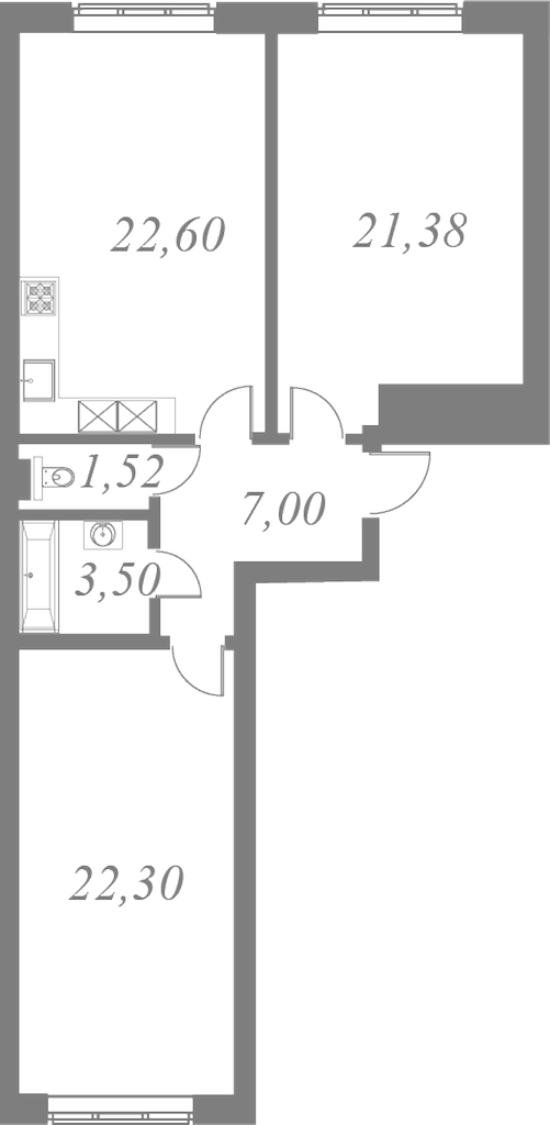 План квартиры №45 с 2 спальнями на 1 этаже 2 корпуса ЖК Neva Residence