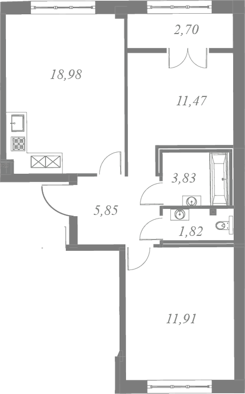 План квартиры №100 с 2 спальнями на 7 этаже 3 корпуса ЖК Neva Residence