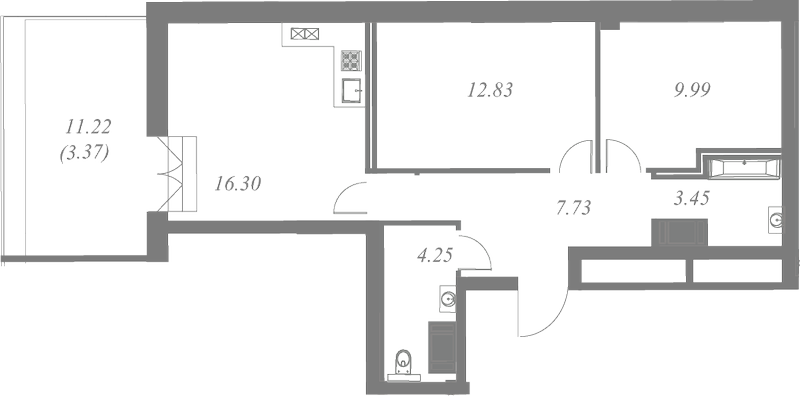 План квартиры №101 с 3 спальнями на 7 этаже 3 корпуса ЖК Neva Residence