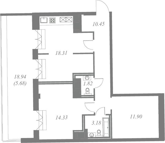 План квартиры №106 с 3 спальнями на 8 этаже 3 корпуса ЖК Neva Residence