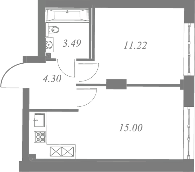 План квартиры №109 с 1 спальней на 2 этаже 3 корпуса ЖК Neva Residence