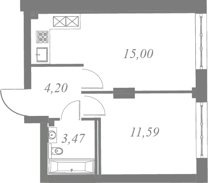 План квартиры №116 с 1 спальней на 3 этаже 3 корпуса ЖК Neva Residence