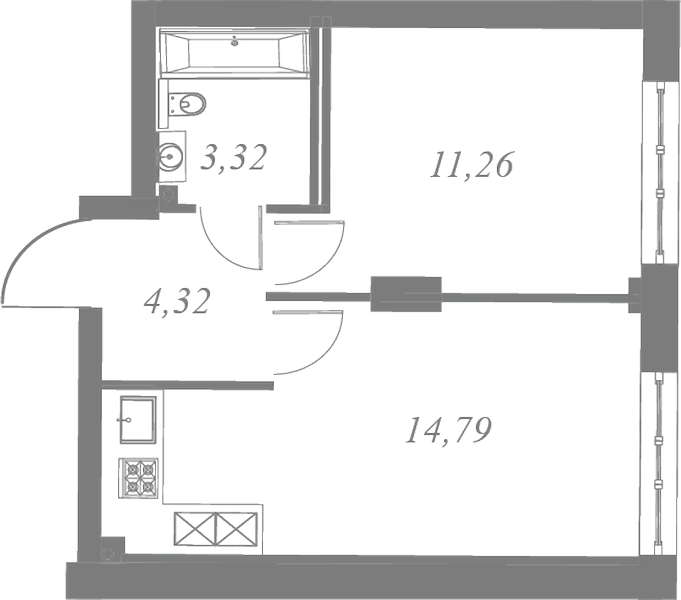 План квартиры №121 с 1 спальней на 4 этаже 3 корпуса ЖК Neva Residence