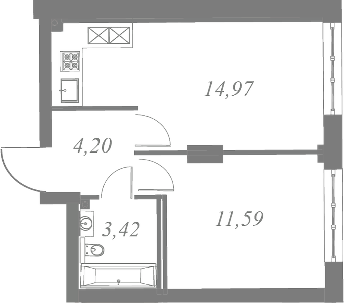 План квартиры №122 с 1 спальней на 4 этаже 3 корпуса ЖК Neva Residence