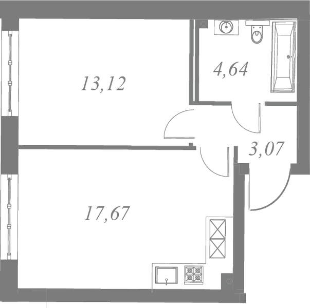 План квартиры №124 с 1 спальней на 4 этаже 3 корпуса ЖК Neva Residence