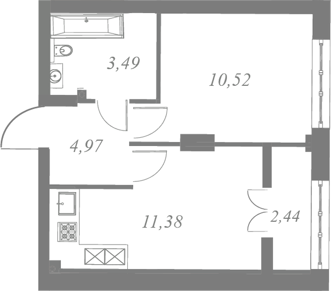 План квартиры №155 с 1 спальней на 5 этаже 3 корпуса ЖК Neva Residence