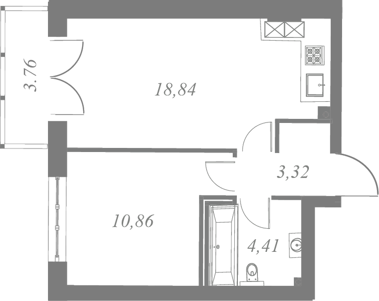 План квартиры №158 с 1 спальней на 5 этаже 3 корпуса ЖК Neva Residence