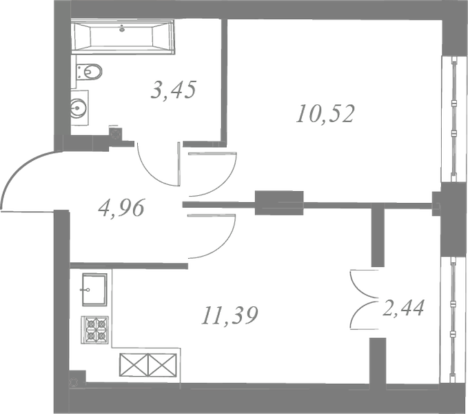 План квартиры №161 с 1 спальней на 6 этаже 3 корпуса ЖК Neva Residence