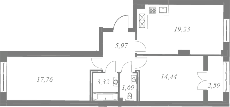 План квартиры №166 с 2 спальнями на 6 этаже 3 корпуса ЖК Neva Residence