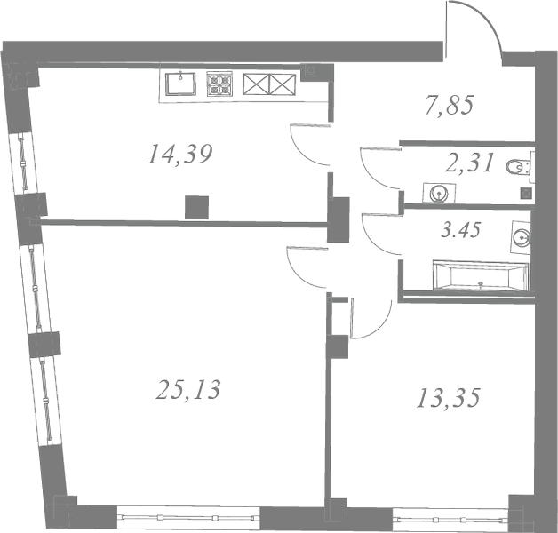 План квартиры №184 с 2 спальнями на 4 этаже 3 корпуса ЖК Neva Residence