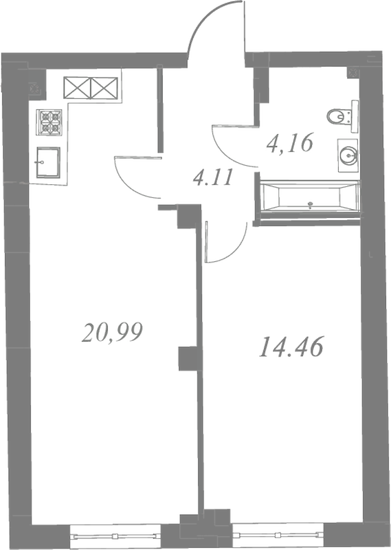 План квартиры №186 с 1 спальней на 4 этаже 3 корпуса ЖК Neva Residence