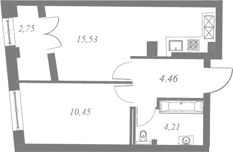 План квартиры №190 с 1 спальней на 5 этаже 3 корпуса ЖК Neva Residence