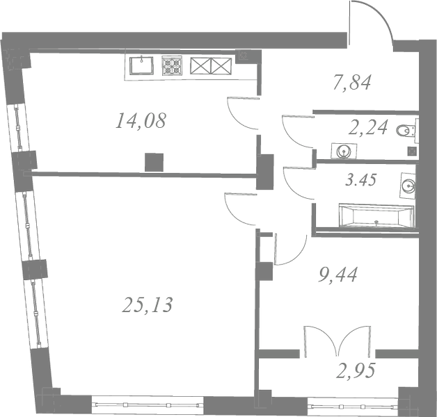 План квартиры №198 с 2 спальнями на 6 этаже 3 корпуса ЖК Neva Residence
