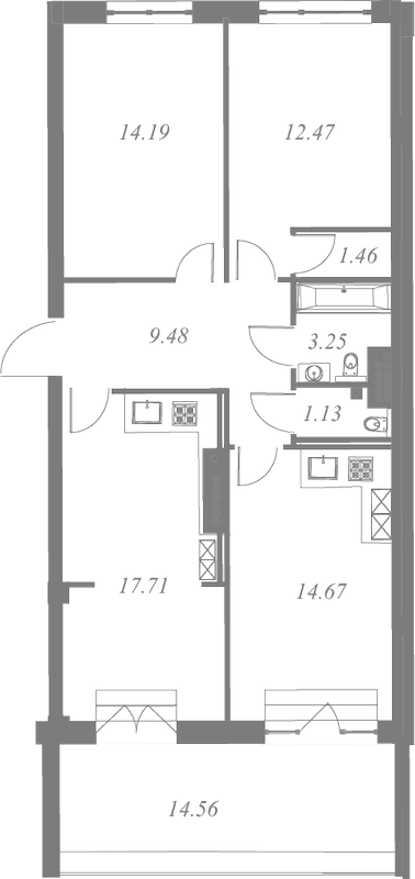 План квартиры №205 с 4 спальнями на 7 этаже 3 корпуса ЖК Neva Residence