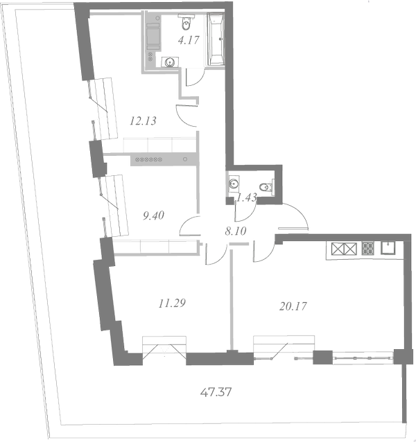 План квартиры №206 с 4 спальнями на 8 этаже 3 корпуса ЖК Neva Residence