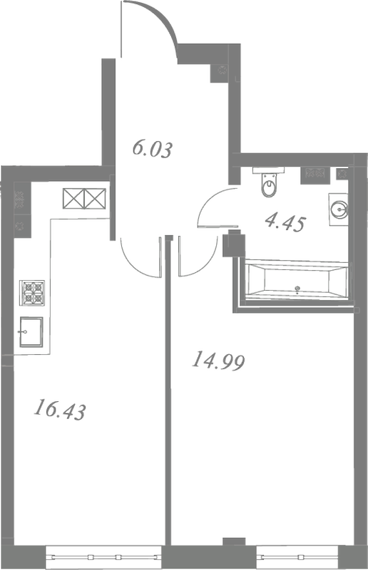 План квартиры №215 с 1 спальней на 2 этаже 3 корпуса ЖК Neva Residence