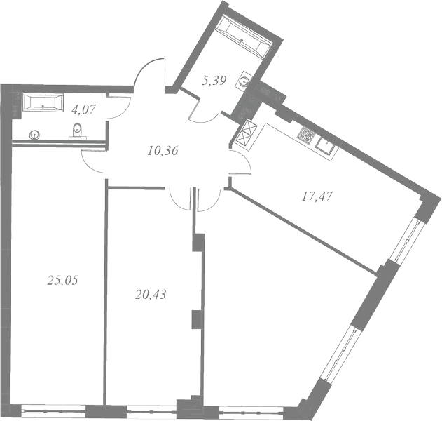 План квартиры №224 с 3 спальнями на 4 этаже 3 корпуса ЖК Neva Residence