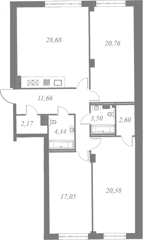 План квартиры №226 с 3 спальнями на 4 этаже 3 корпуса ЖК Neva Residence