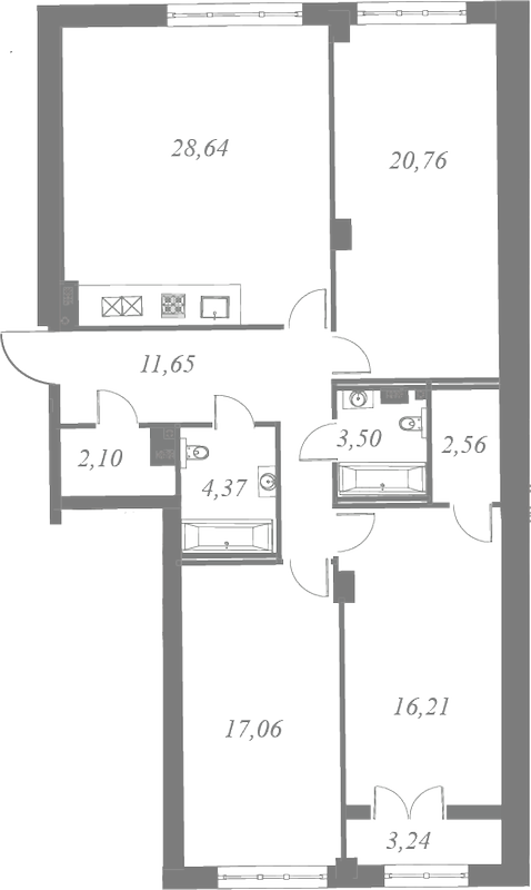 План квартиры №231 с 3 спальнями на 5 этаже 3 корпуса ЖК Neva Residence